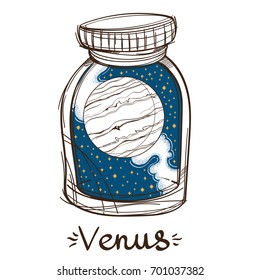 Venus in a glass jar. The planet of the solar system in a glass bowl on a stand. Illustration for design on the astrology, astronomy, spirituality.