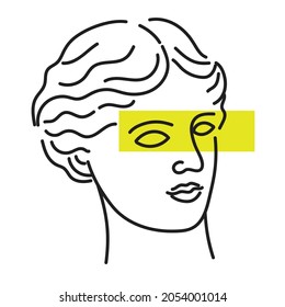 Venus Godness. Black and white vector illustrations of Venus head. Line drawing, line art. Minimalistic, simple, linear print design. Greek culture. Famous sculpture. Yellow line on eyes. Does not see