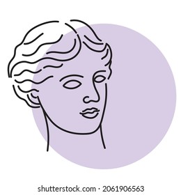 Venus Godness. Black and white vector illustrations of Venus head. Line drawing, line art. Minimalistic, simple, linear print design. Greek culture. Famous sculpture. 