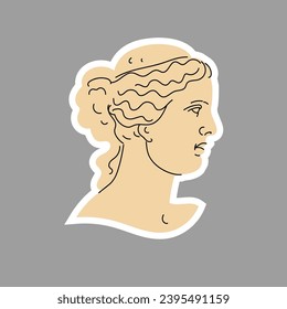 Venus head sticker isolated. Ancient Greek sculpture. Portrait of Aphrodite with side face. Greek goddess of love. Decorative figurine in beige color and with line.  Hand drawn. Vector illustration.