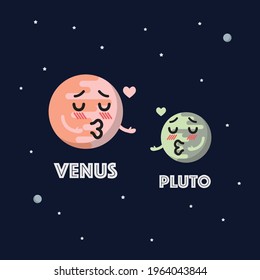 Venus in love with pluto character emoticon on space background. star and planets on galaxy background. Flat style vector illustration