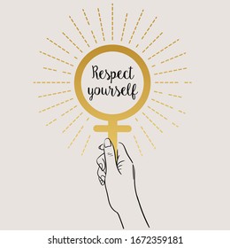 Venus mirror in female hand. Vector hand drawn illustration with place for your text