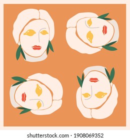 Venus pattern. Print design, card template. Woman portrait, face. Green. Greece, Roma, Italy, Sicily. Vector illustrations with godness face with lemon on eyes. Trendy print design