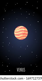 Venus planet cartoon poster. Vector vertical banner of a space astronimic object for web, stories and media.