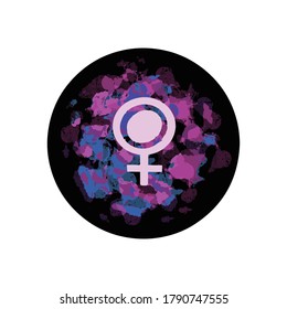 Venus planet horoscope icon template, black round, splash paint, pink purple blue. Occult ezoteric magical symbol isolated on white background. Use to postcard, website, t-shirt, wrapping paper.
