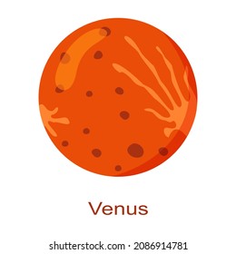 Venus planet icon with name isolated on white background. Second planet from the Sun in Solar system. Universe element. Kids planetary. Vector cartoon illustration.
