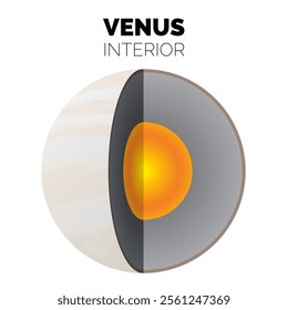 Venus Planet Interior or Layers of the Venus with Iron Core, Rocky Mantle and Rocky Crust Isolated Illustration