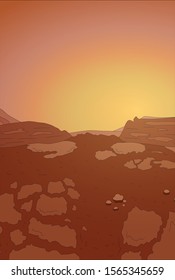 Venus planet surface close up with sunset views, vector illustration