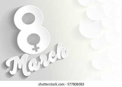 Venus symbol in 8 march text and heart shape in paper cut style on white for International Women's Day concept and background in vector