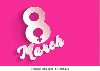 Venus symbol in 8 march text in paper cut style on pink for International Women's Day concept and background