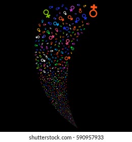 Venus Symbol random fireworks stream. Vector illustration style is flat bright multicolored iconic symbols on a black background. Object fountain made from scattered icons.