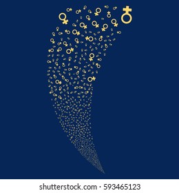 Venus Symbol random fireworks stream. Vector illustration style is flat yellow iconic symbols on a blue background. Object fountain made from scattered icons.