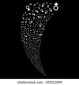 Venus Symbol random fireworks stream. Vector illustration style is flat white iconic symbols on a black background. Object fountain constructed from scattered design elements.