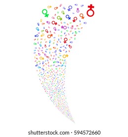 Venus Symbol random fireworks stream. Vector illustration style is flat bright multicolored iconic symbols on a white background. Object fountain combined from scattered pictographs.