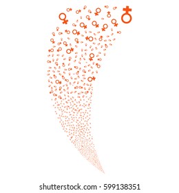 Venus Symbol random fireworks stream. Vector illustration style is flat orange iconic symbols on a white background. Object fountain constructed from scattered pictographs.
