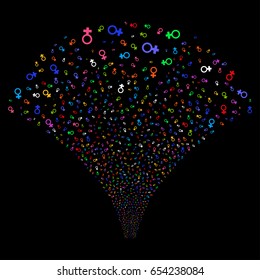 Venus Symbol salute stream. Vector illustration style is flat bright multicolored iconic symbols on a black background. Object stream fountain organized from random design elements.