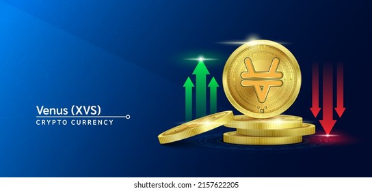 Cartel de criptodivisa de elemento de Venus. Futura moneda en el mercado bursátil de blockchain con flechas rojas-verdes arriba y abajo. Monedas de oro cripto monedas. Cartel de noticias de fondo sólido. Vector 3D.