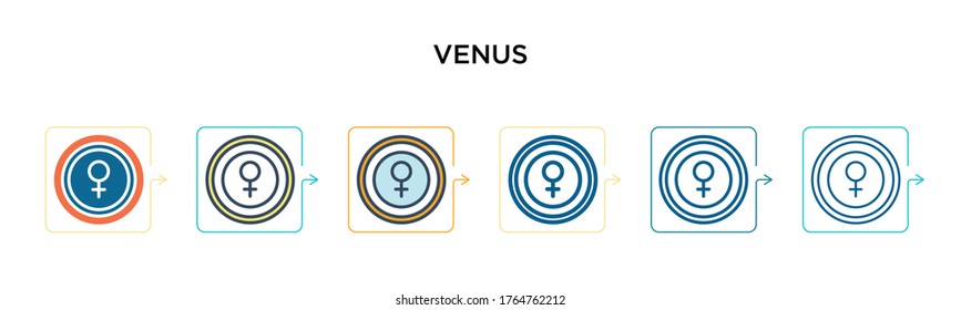Venus vector icon in 6 different modern styles. Black, two colored venus icons designed in filled, outline, line and stroke style. Vector illustration can be used for web, mobile, ui