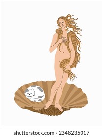 Venus vector illustration. A woman is standing on a shell. Italian painting. Print for clothes. Creative print on a T-shirt. vector drawing. Woman and cat. Cats in art. Animal protection
