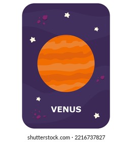 Venus. Vector Space flash card. English language game with cute astronaut, rocket, planet, comet, alien for kids. Astronomy flashcards with funny characters. Simple educational printable worksheet