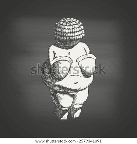 Venus of Willendorf hand drawn black and white sketch on blackboard. Paleolithic figurine of fertility, femininity and ancient art. Vector illustration of prehistoric sculpture and primitive art.