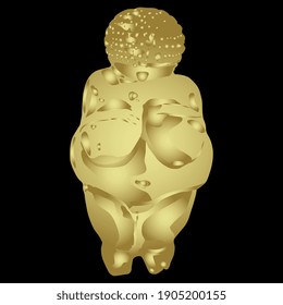 Venus of Willendorf. Paleolithic female figurine from Austria. Stone age sculpture. Great Mother archetype. Fat pregnant lady. Fertility goddess. Golden glossy silhouette on black background.