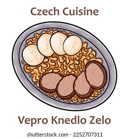 Vepro Knedlo Zelo. It is a roasted pork served with dumplings and saurkraut. After serving on a plate it's sprinkled with baking juice. Czech food. Vector image isolated.