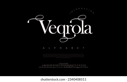 Veqrola premium luxury elegant alphabet letters and numbers. Elegant wedding typography classic serif font decorative vintage retro. Creative vector illustration