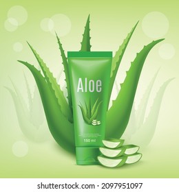 Vera plant gel in green tube, 3D realistic vector ad template. Aloe vera skincare cosmetic commercial poster.