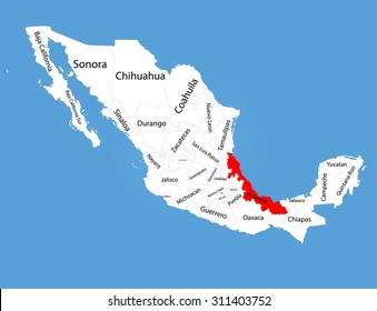 Veracruz map vector silhouette illustration isolated on Mexico map. Editable blank vector map of Mexico. 