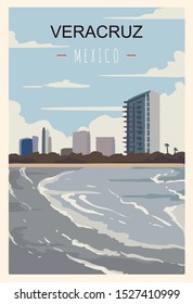 Afiche retro de Veracruz. Ilustración de viaje de Veracruz. Tarjeta de felicitación de los estados de México.