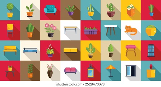 Conjunto de iconos de interior de veranda. Gran conjunto de iconos coloridos que representan varios muebles y plantas de casa para crear un ambiente acogedor en el hogar