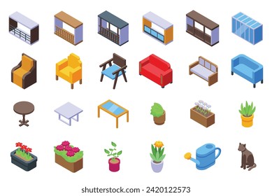 Veranda interior icons set isometric vector. Garden balcony. Home room view