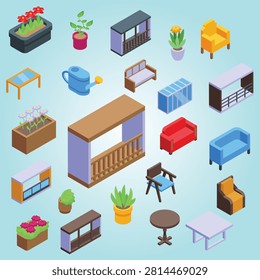 Veranda interior icons set isometric vector garden balcony deck fence leisure home decor indoor furniture botanical  residential flowers peaceful