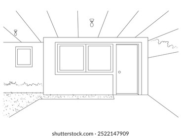 Veranda view of a simple house. Illustration in outline and vector format. 