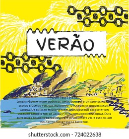 Verao, summer portuguese text. Brazilian hand drawn sketch. Ipanema style concept and logo.