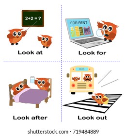 verb word background for preschool.look set (look at for after out).vector illustration.