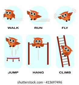 verb word vector background for preschool.verb set (walk run fly jump hang climb).vector illustration.