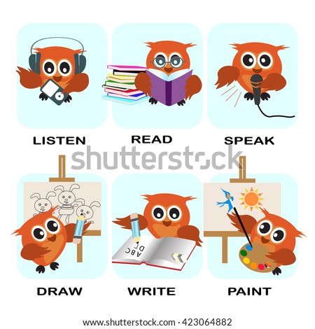 verb word vector background for preschool.verb set (listen read speak draw write paint).vector illustration.