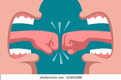 Verbal battle. Two wide-open mouths, and tongues in form of fists. Fight of opponents. Sketch