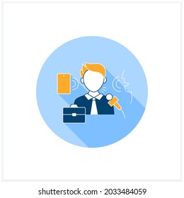 Icono plano de comunicación verbal. Compartir información a las personas. Discurso de motivación.Entrevista de trabajo, diálogo. Programa de entrevistas. Concepto de comunicación eficaz. Ilustración del vector