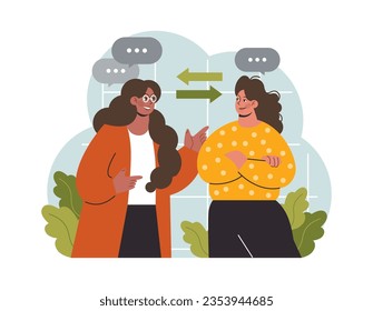 Verbal communication. Interpersonal discussion. Two female character speaking to each other, having a dialogue. Character telling a story, passing a message vocally. Flat vector illustration
