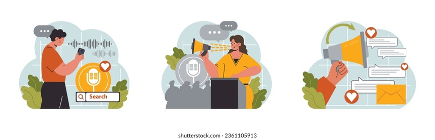 Conjunto de comunicaciones verbales. Hablando en público, hablando a través de un dispositivo digital o discusión interpersonal. Contar caracteres, pasar un mensaje vocalmente o por escrito. Ilustración vectorial plana