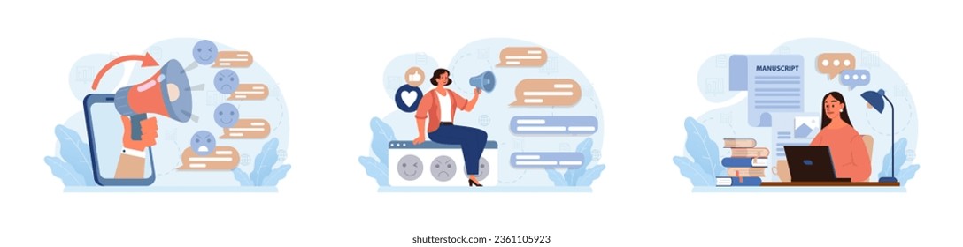 Verbal communication set. Public speaking, talking through a digital device or interpersonal discussion. Character telling, passing a message vocally or by writing. Flat vector illustration