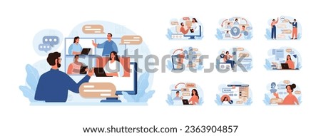 Verbal communication set. Public speaking, talking through a digital device or interpersonal discussion. Character telling, passing a message vocally or by writing. Flat vector illustration