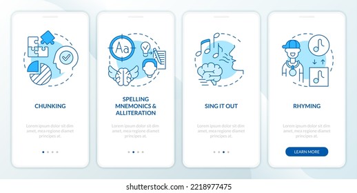 Verbal memorization tricks blue onboarding mobile app screen. Memory walkthrough 4 steps editable graphic instructions with linear concepts. UI, UX, GUI template. Myriad Pro-Bold, Regular fonts used