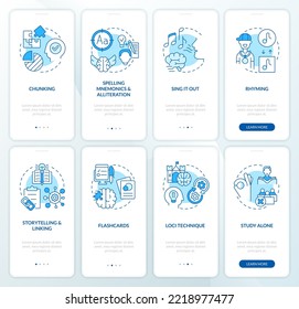 Verbal memorizing strategies blue onboarding mobile app screen set. Walkthrough 4 steps editable graphic instructions with linear concepts. UI, UX, GUI template. Myriad Pro-Bold, Regular fonts used