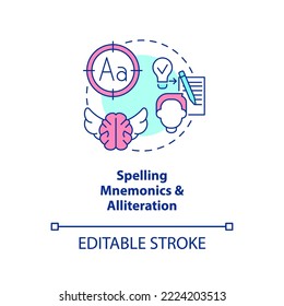 Verbal memory technique concept icon. Spell mnemonics, alliteration. Brain exercise abstract idea thin line illustration. Isolated outline drawing. Editable stroke. Arial, Myriad Pro-Bold fonts used