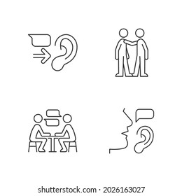 Iconos lineales de comunicación verbal y no verbal. Receptor de mensajes. Un toque personal. Escuchando activamente. Símbolos de contorno de línea delgada personalizables. Ilustraciones aisladas del contorno vectorial. Trazo editable