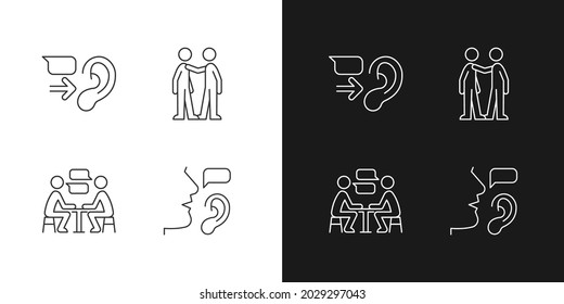 Verbal and nonverbal communication linear icons set for dark and light mode. Message receiver. Personal touch. Customizable thin line symbols. Isolated vector outline illustrations. Editable stroke